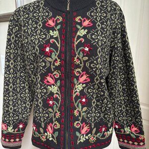 Carson Size M Black Green Embroidered Floral Ribbon Full Zip Jacket Cardigan